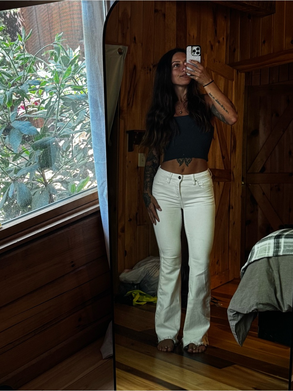 White flare jeans